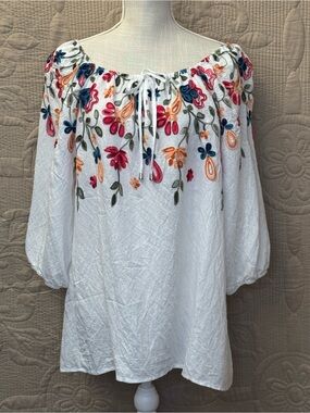 Kindred Women’s White Embroidered Peasant Blouse with Multicolor Floral Accents